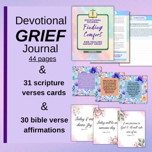 May include: A devotional grief journal with 44 pages, 31 scripture verse cards, and 30 bible verse affirmations. The journal cover reads "Finding Comfort and Healing Amidst Grief." The cards feature floral designs and inspirational quotes.