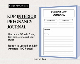 Op de afbeelding: Een blauw en wit printbaar zwangerschapsdagboek met de tekst "Pregnancy Journal" en "Becoming a mother" en "Things I wish for" op de omslag. Het dagboek heeft 100 pagina's en is klaar om te uploaden naar KDP Amazon.