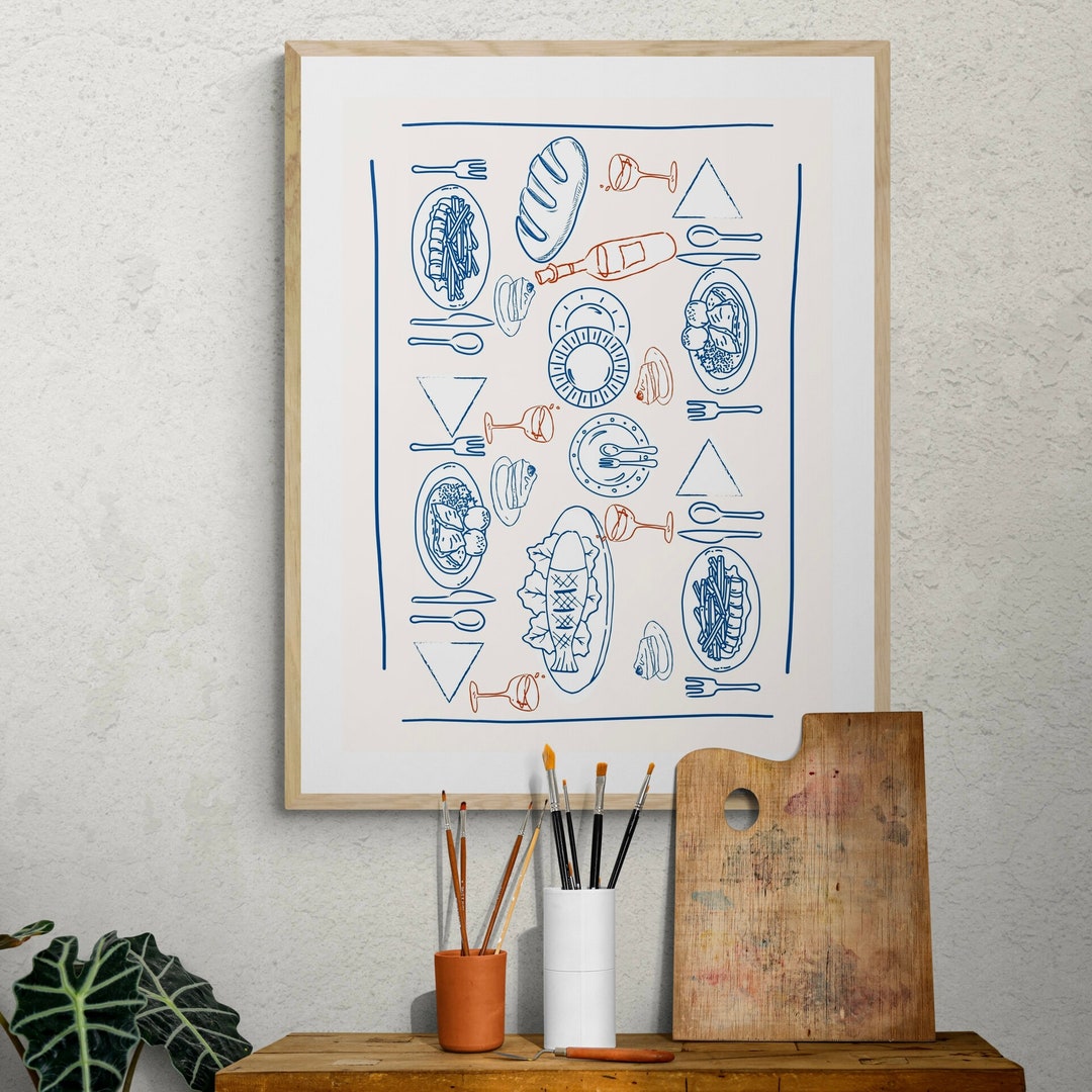 food photography canvas print: kitchen & restaurant... Set Table Dinner Kitchen Food Prints, Hand Drawn Minimalist Food Art ...