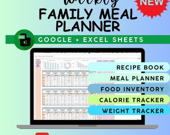 Planificador de comidas semanal: Libro de recetas en Google Sheets y Excel (Descarga digital)