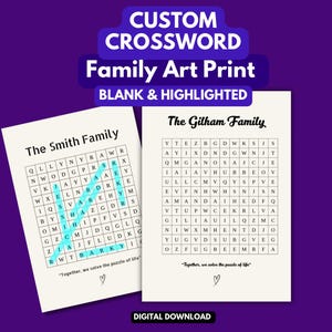 Póster de crucigramas, impresión familiar personalizada, crucigramas de letras personalizados, arte con nombre de familia, regalo de cumpleaños, regalo personal para él y ella