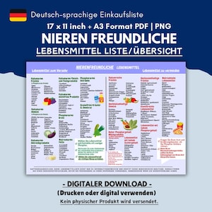 May include: A digital download of a German-language grocery list, titled "Nierenfreundliche Lebensmittel Liste/&Uuml;bersicht." The list is 17 x 11 inches and in PDF and PNG formats. It categorizes foods to eat and avoid, with sections for fruits, vegetables, and more.