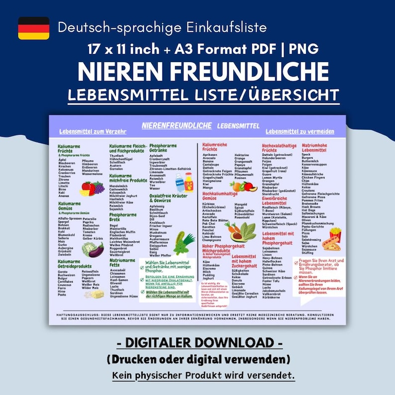 May include: A digital download of a German-language grocery list, titled "Nierenfreundliche Lebensmittel Liste/&Uuml;bersicht." The list is 17 x 11 inches and in PDF and PNG formats. It categorizes foods to eat and avoid, with sections for fruits, vegetables, and more.