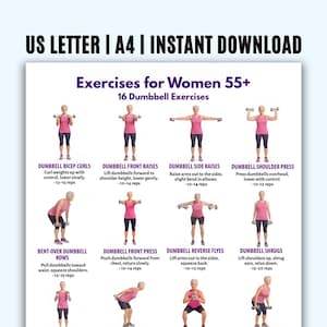 Può includere: Una guida di fitness intitolata "Esercizi per donne 55+" con 16 esercizi con manubri. La guida include illustrazioni di esercizi come curl per bicipiti, sollevamenti frontali, sollevamenti laterali, distensioni spalle, rematore con manubri, ecc.
