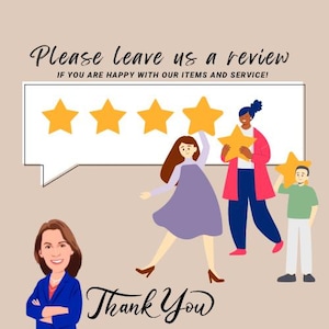 May include: Illustration of a five-star rating with three people holding stars. The text "Please leave us a review" and "If you are happy with our items and service!" is above the stars. The text "Thank You" is below the stars.