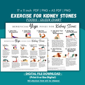 Op de afbeelding: Een printbare kaart met illustraties van yoga-houdingen voor nierstenen. De kaart is verdeeld in twee secties, elk met 10 houdingen. De houdingen zijn gelabeld met hun namen in het Engels en Sanskriet. De kaart bevat ook een korte beschrijving van de voordelen van elke houding.