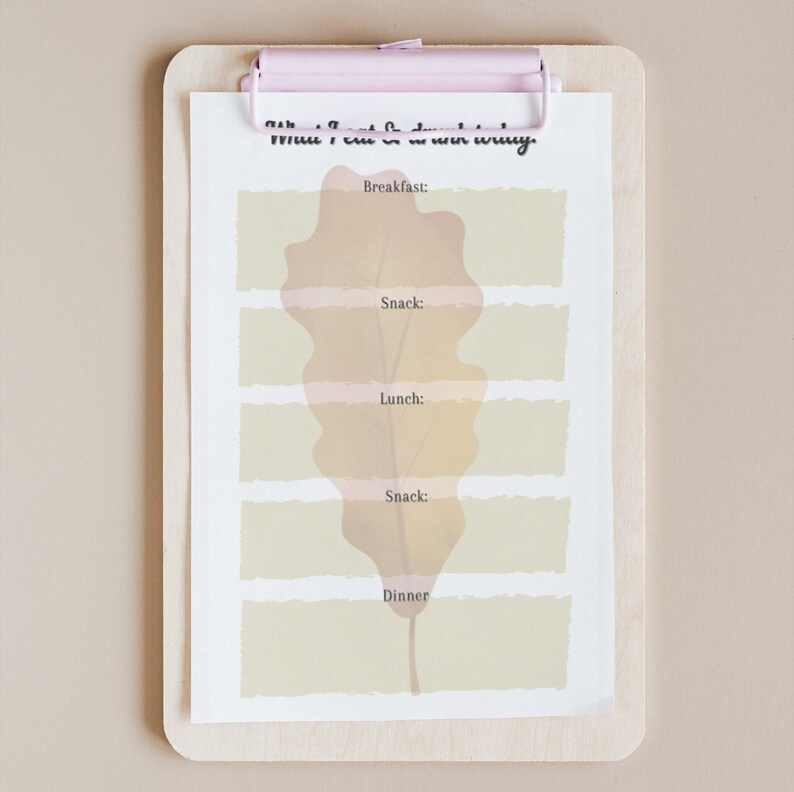 May include: A printable meal planner with a fall-themed leaf design. The planner has sections for breakfast, snack, lunch, snack, and dinner.