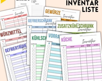 May include: A selection of printable kitchen inventory lists in various colours, including pink, blue, and green. The lists are labelled with German words such as "Küche" and "Gewürze". The phrase "DIGITALER DOWNLOAD" is at the bottom.