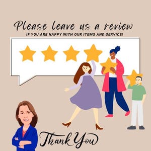 May include: Illustration with text "Please leave us a review" and "Thank You". The image shows cartoon figures holding gold stars, with a speech bubble containing five stars. The background is a light tan color.