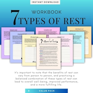 Puede incluir: Un cuaderno de trabajo titulado "7 Types of Rest" con páginas coloridas que detallan los diferentes tipos de descanso. El título incluye el texto "Descarga instantánea" y "Paquete de valor".