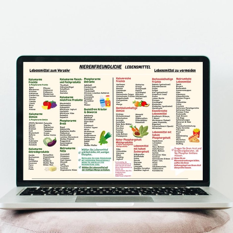 May include: A laptop displays a detailed chart with German text, categorized into food groups. The chart lists foods to consume and avoid, with sections on potassium, phosphorus, and oxalate content. The screen is open on a white surface.