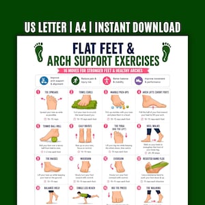 May include: A green and white infographic titled "FLAT FEET & ARCH SUPPORT EXERCISES" with 16 moves for stronger feet and healthy arches. The exercises include toe spreads, towel curls, marble pick-ups, arch lifts, tennis ball roll, calf raises, toe yoga, heel walks, toe raises, inversion, eversion, resisted band flex, balance hold, single leg reach, big toe press, and toe walking.