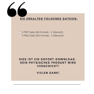 May include: A tan-colored graphic with black text and quotation marks. The text reads "SIE ERHALTEN FOLGENDE DATEIEN:" followed by file details. It also states "DIES IST EIN SOFORT-DOWNLOAD. KEIN PHYSISCHES PRODUKT WIRD VERSCHICKT! VIELEN DANK!"