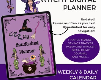 May include: A digital planner with a purple background and a witchy theme. The planner includes a weekly and daily calendar, finance tracker, savings tracker, password tracker, brain dump, journal, and more. The text "My Bewitched Planner" is displayed on the cover.