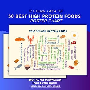 Tabella dei 50 migliori alimenti ad alto contenuto proteico, elenco di alimenti stampabile, download digitale, guida alla pianificazione dei pasti, alimentazione sana, poster di nutrizione fitness