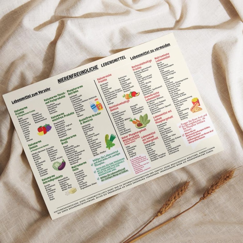 May include: A printed chart with German text, listing foods to consume and avoid, with categories like fruits, vegetables, and drinks. The chart is on a cream-colored paper, with illustrations of food items. The chart is placed on a beige fabric.