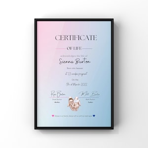 Certificaat van leven, afdruk babyverlies, gedenkteken doodgeboorte, verlies baby, engelbaby, aangepaste miskraamafdruk, gepersonaliseerde sympathie digitaal