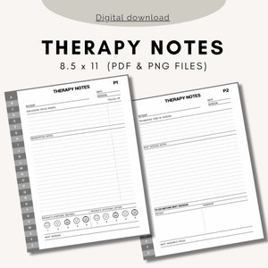 May include: A printable therapy notes template in black and white. The template is divided into two sections, labeled P1 and P2. Each section includes fields for patient information, discussion focus points, techniques used in session, post session notes, and to-do before next session. The template is designed for 8.5 x 11 inch paper.