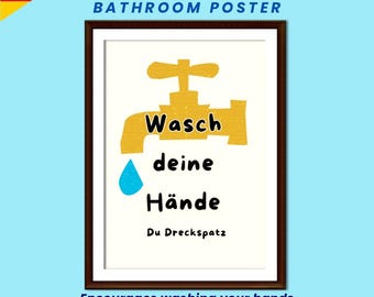Witziges Badezimmer Poster, Wasch deine Hände Du Dreckspatz, Lustiger Toiletten Spruch, Digitale Wandkunst