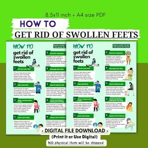 Puede incluir: Una infografía imprimible con consejos sobre cómo deshacerse de los pies hinchados. La infografía está dividida en dos columnas, cada una con nueve consejos. Los consejos incluyen elevar los pies, mantenerse hidratado, usar calcetines de compresión, limitar la ingesta de sal, hacer ejercicio regularmente, masajear los pies, remojar en sal de Epsom, evitar estar de pie o sentado durante demasiado tiempo y aplicar compresas frías.