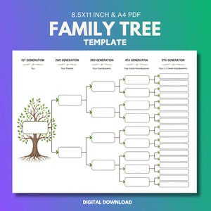 Peut inclure: Un modèle d'arbre généalogique avec le texte 8.5X11 INCH & A4 PDF FAMILY TREE TEMPLATE. Le graphique présente une illustration d'arbre marron avec des feuilles vertes et des cases rectangulaires blanches pour cinq générations de noms.