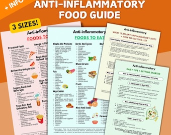 Puede incluir: Una guía imprimible para una dieta antiinflamatoria. La guía enumera los alimentos para comer y evitar, incluyendo carnes, verduras, frutas, hierbas, especias, granos, nueces y semillas. También incluye consejos para comenzar una dieta antiinflamatoria.