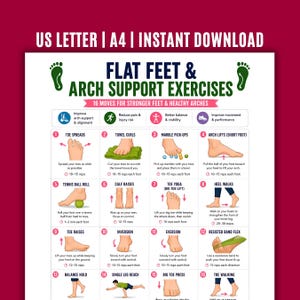 May include: A colorful infographic detailing 16 exercises for flat feet and arch support. The exercises include toe spreads, towel curls, marble pick-ups, arch lifts, tennis ball rolls, calf raises, toe yoga, heel walks, toe raises, inversion, eversion, resisted band flex, balance hold, single leg reach, big toe press, and toe walking.