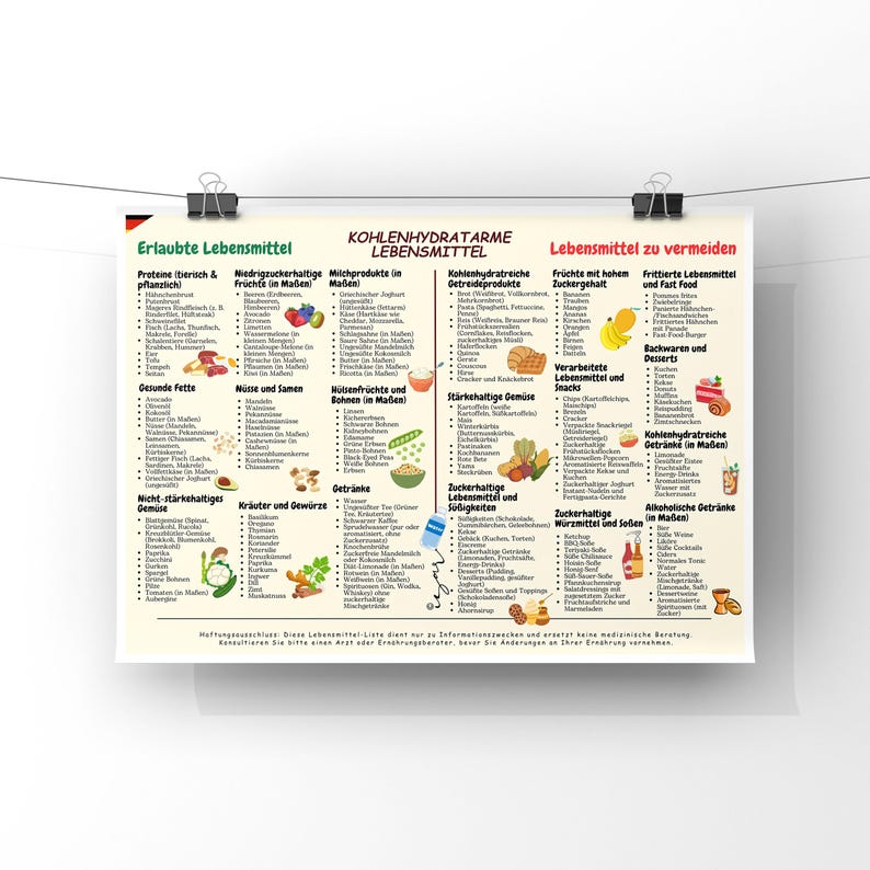 May include: A German-language poster listing foods suitable for a low-carbohydrate diet. The poster is divided into categories such as proteins, fruits, and vegetables, with a section for foods to avoid. Includes a disclaimer.
