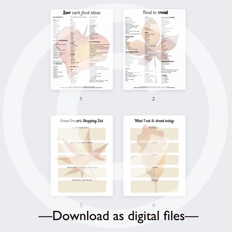 May include: Printable digital planner pages with a fall theme. The pages include a low carb food ideas list, a food to avoid list, a green grocer's shopping list, and a what I eat and drink today log. The pages are decorated with a watercolor-style leaf design.