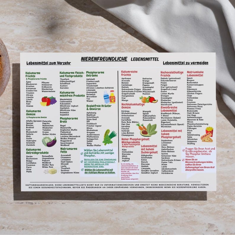 May include: A white and black chart with German text detailing kidney-friendly foods. The chart is divided into sections listing fruits, vegetables, and other food categories to eat and avoid. Colorful illustrations of food items are included.