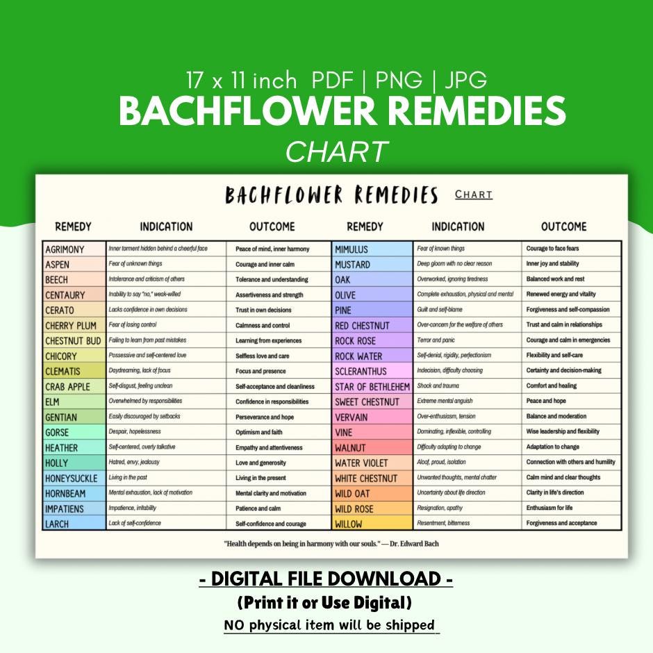 Bach Flower Remedies Chart: 38 Flower Essences Guide (digital