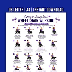 Op de afbeelding: Een paars-witte infographic getiteld "Wheelchair Workout" met 16 eenvoudige oefeningen. De oefeningen omvatten biceps curls, laterale raises, shoulder press, seated tricep extensions, seated twist, chest press, seated row, etc.
