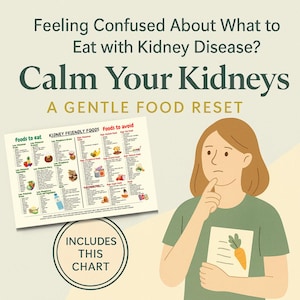 Calm Your Kidneys Fase 4 voedsellijst, pdf-tabel nierdieet, kaliumarm, fosfor, CKD-voedingsmiddelen om te eten en te vermijden, afdrukbare gezondheidsgids