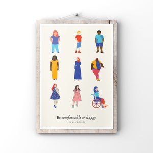 May include: A poster with the text "Be comfortable & happy in all bodies" and illustrations of people of different body types, races, and genders. The people are wearing a variety of clothing, including dresses, pants, and shirts.