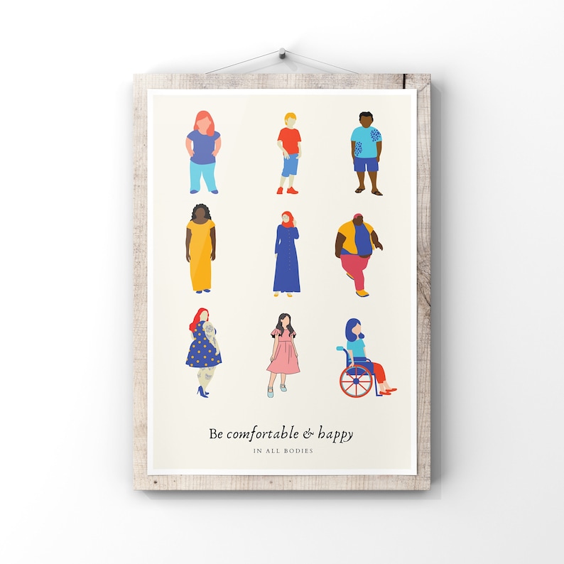 May include: A poster with the text "Be comfortable & happy in all bodies" and illustrations of people of different body types, races, and genders. The people are wearing a variety of clothing, including dresses, pants, and shirts.