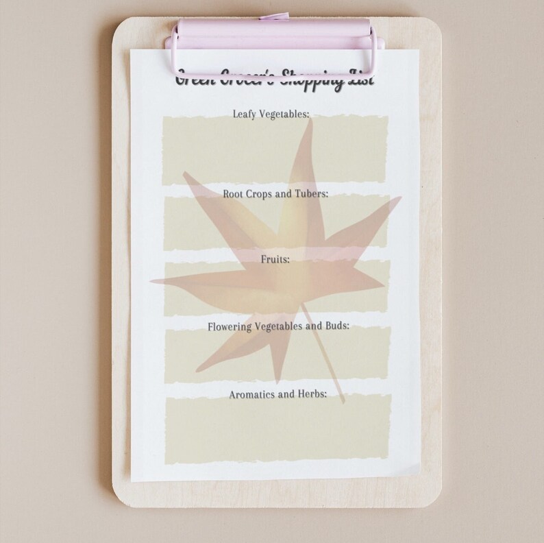 May include: A printable grocery list with a fall leaf design. The list is divided into categories: Leafy Vegetables, Root Crops and Tubers, Fruits, Flowering Vegetables and Buds, and Aromatics and Herbs.