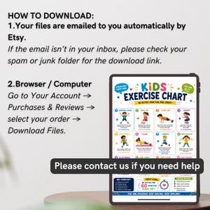 May include: A digital Kids Exercise Chart displayed on a tablet. The chart features colorful illustrations of various exercises, including jumping jacks, push-ups, and squats. Text on the screen reads "Be Active, Have Fun, Feel Great!"