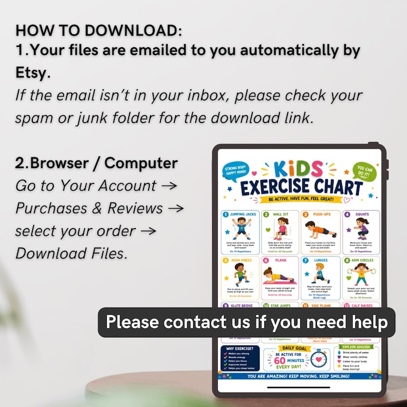 May include: A digital Kids Exercise Chart displayed on a tablet. The chart features colorful illustrations of various exercises, including jumping jacks, push-ups, and squats. Text on the screen reads "Be Active, Have Fun, Feel Great!"