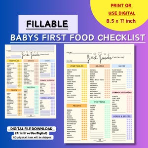Lista dei primi alimenti per il bambino, regalo per neomamme, nome personalizzato per il bambino, puree per bambini, svezzamento guidato dal bambino, tabella di 100 alimenti, monitoraggio dei solidi