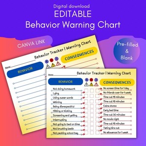 May include: Digital download of an editable behavior warning chart. The chart features sections for behavior and consequences, with pre-filled and blank options. The design includes a blue and yellow color scheme with the text "Behavior Tracker | Warning Chart".