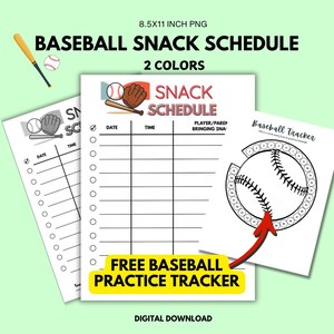 May include: A digital download featuring baseball-themed printables. The image includes a snack schedule, practice tracker, and a baseball bat and ball graphic. The text reads "Baseball Snack Schedule" and "Free Baseball Practice Tracker". The printables are 8.5x11 inches.