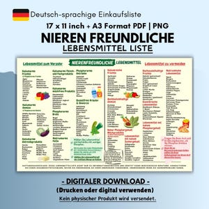 Puede incluir: Una lista de compras digital en alemán, para personas con problemas renales. Formato 17 x 11 pulgadas y A3 PDF/PNG. Categoriza alimentos para comer, evitar y opciones aptas para los riñones.
