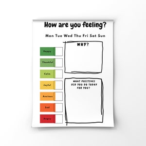 May include: A white paper titled "How are you feeling?" with a weekly mood tracker. It includes sections for daily feelings and prompts for "Why?" and "What positives did you do today for you?"