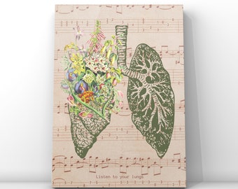 Flower lungs human anatomy vintage illustration print, medical floral art print, listen to your lungs poster, Gift doctor students graduate