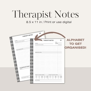 May include: Printable therapist notes template with an alphabet to help organize notes. The template is 8.5 x 11 inches and includes sections for patient information, discussion focus points, observation notes, and to-do items before the next session.