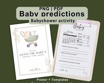 Baby Shower Predictions Card, Predictions Advice Printable, Prediction Calendar, Guess Baby Due Date, Guess Baby Arrival Instant Download