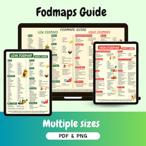 May include: A digital guide to low and high FODMAP foods. The guide is divided into categories such as fruits, vegetables, grains, cheese, protein, and beverages. The guide is available in multiple sizes and formats, including PDF and PNG.