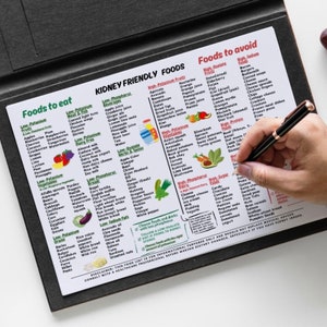 May include: A white laminated sheet with a green border, titled "Kidney Friendly Foods." The sheet lists foods to eat and foods to avoid, categorized by potassium, phosphorus, oxalate, sodium, and sugar levels. The sheet is on a black surface.