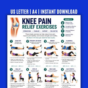 May include: A printable guide titled "Knee Pain Relief Exercises" with illustrations of exercises. The guide includes instructions for exercises like Quad Set, Straight Leg Raise, Bridge, Clamshell, Wall Sit, Step Up, Heel Slide, and Calf Stretch.