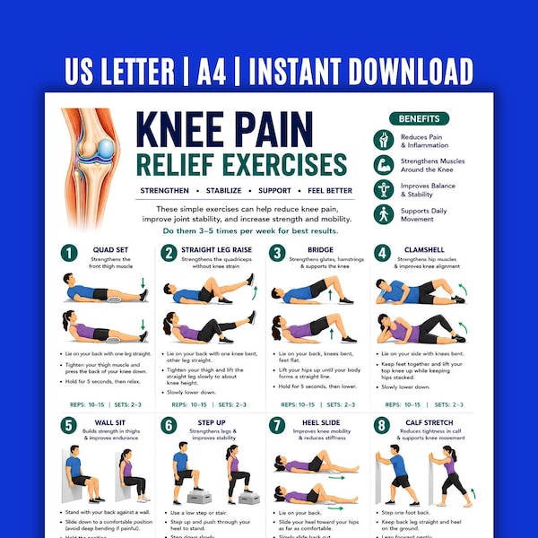 Knieschmerzen Linderung Übungen druckbare, Knie stärkende Tabelle (digitaler Download)